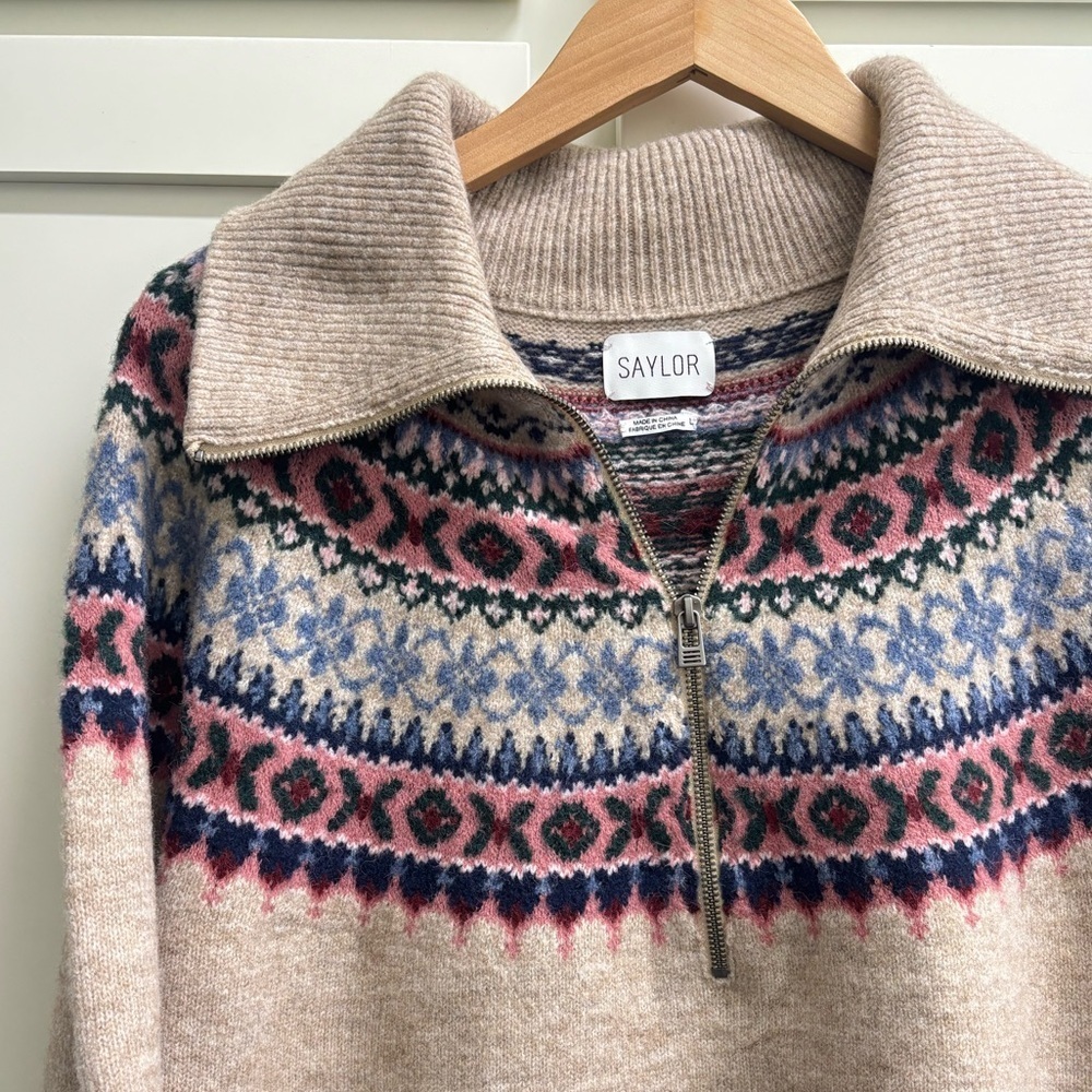 Saylor Casey Shetland Fair Isle Sweater Women’s L Brown Multi Nordic Knit Hygge - Picture 5 of 9